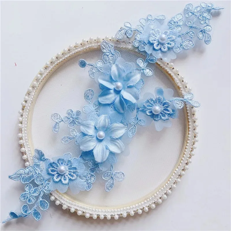 3pair Popular multi color three dimensional applique beaded flowers bride headwear clothing accessories diy stage lace trim set