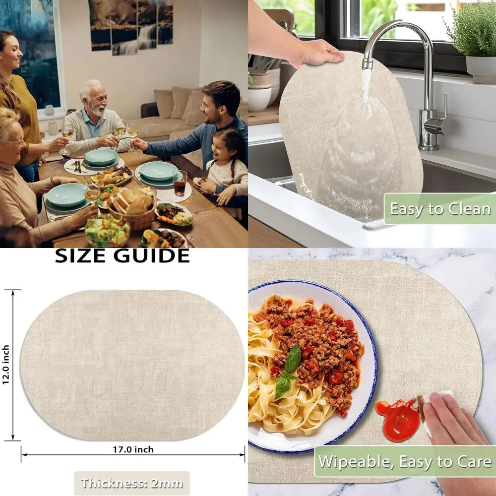 

Set of 12 Waterproof, Heat-Resistant Oval Faux Leather Placemats with Non-Slip Design for Indoor & Outdoor Use, Beige