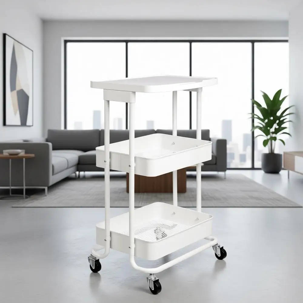 

Двухуровневая металлическая тележка на колесиках с полками - портативное хранилище, белая