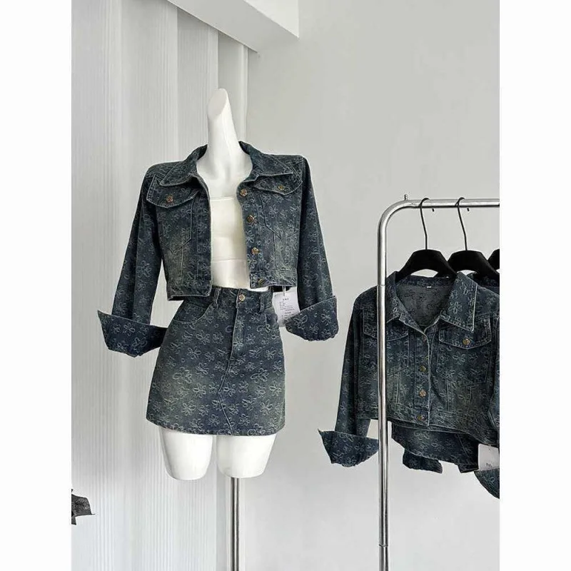 

Women's Spring Autumn Denim Set High Waist Short Skirt And Jacket Two Piece Suit Embroidered Fashion Outfit Casual Commute Style
