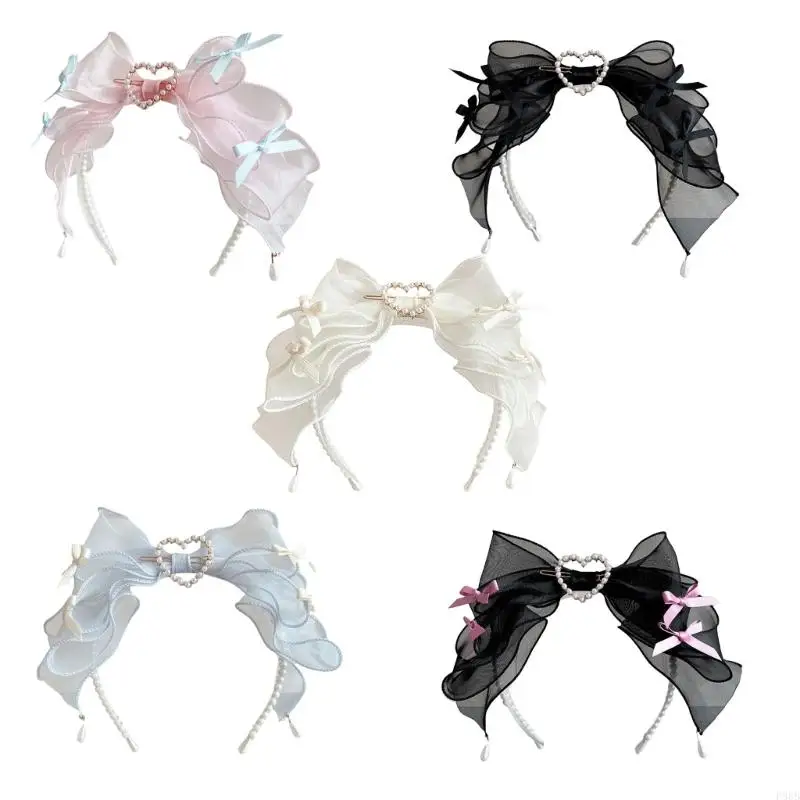 

P88B Hairband Female Lace Bows Hair Band Sweet Pearl Bead Hairband Wedding Headband