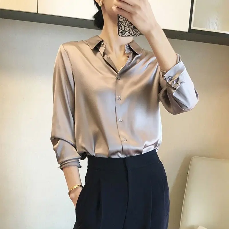 Luxury Brands Shirts Women Silk Shirts Blouse Office Ladies Single-breasted Long Sleeve Tops Mujer White Black Gold Green Purple