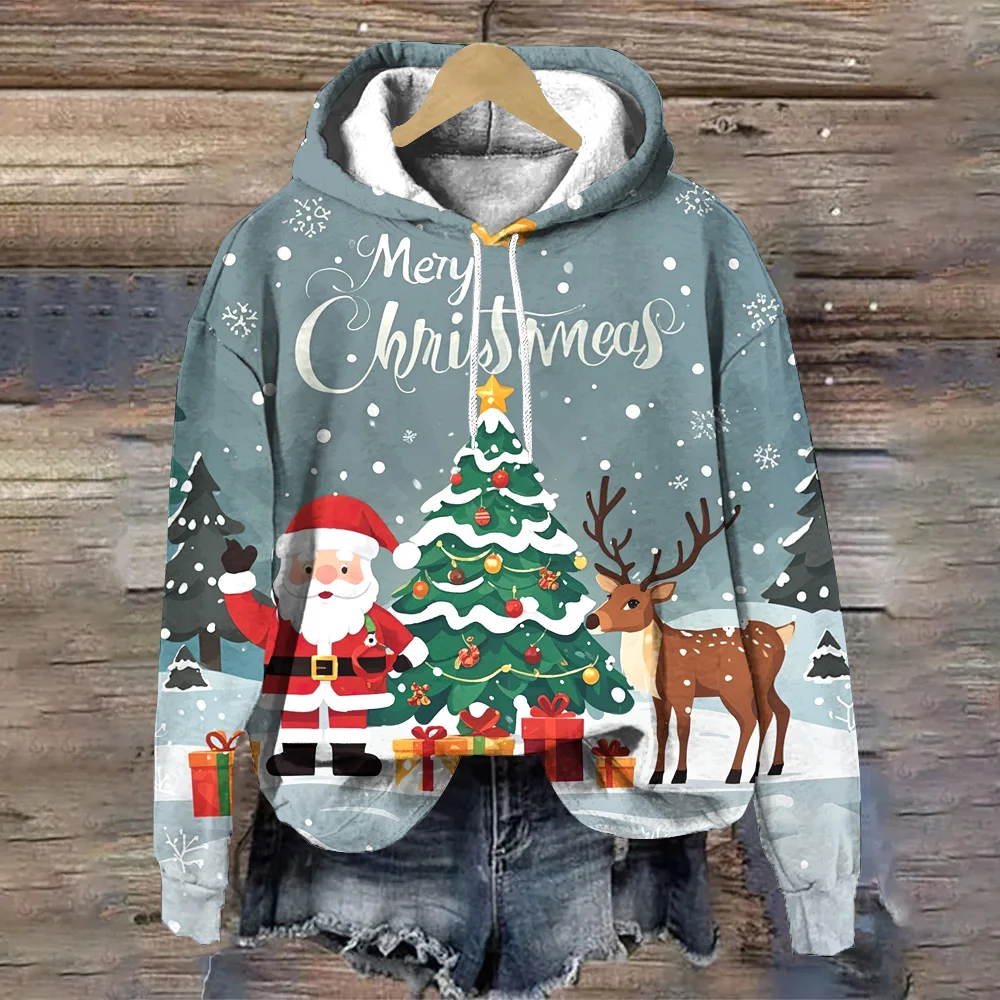 Cute Cartoon Santa Print Fashion Christmas Women Clothing Tops Trend Women's Pullover Hoodies 2024 New Women's Sweatshirts