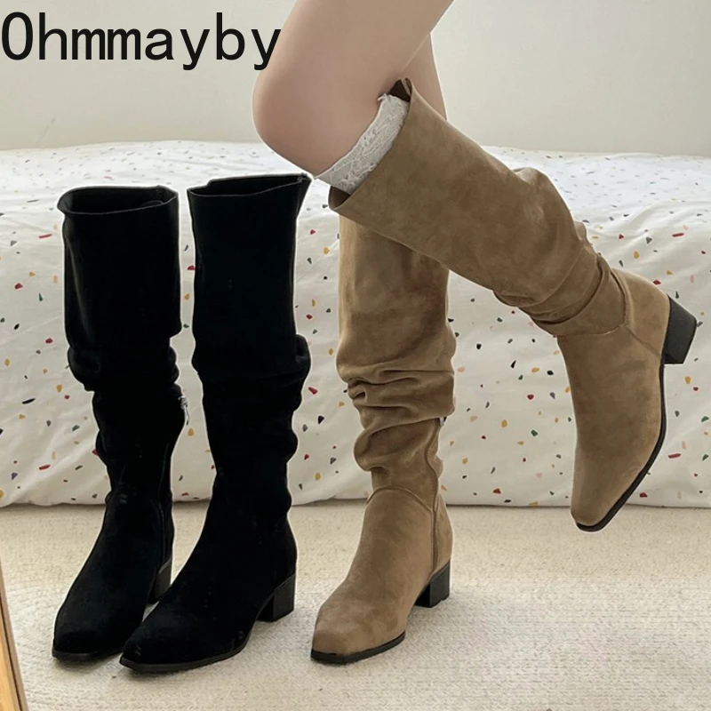 

Зимние плиссированные женские современные высокие сапоги в уличном стиле, вечерние женские эластичные тонкие сапоги до колена на толстом каблуке