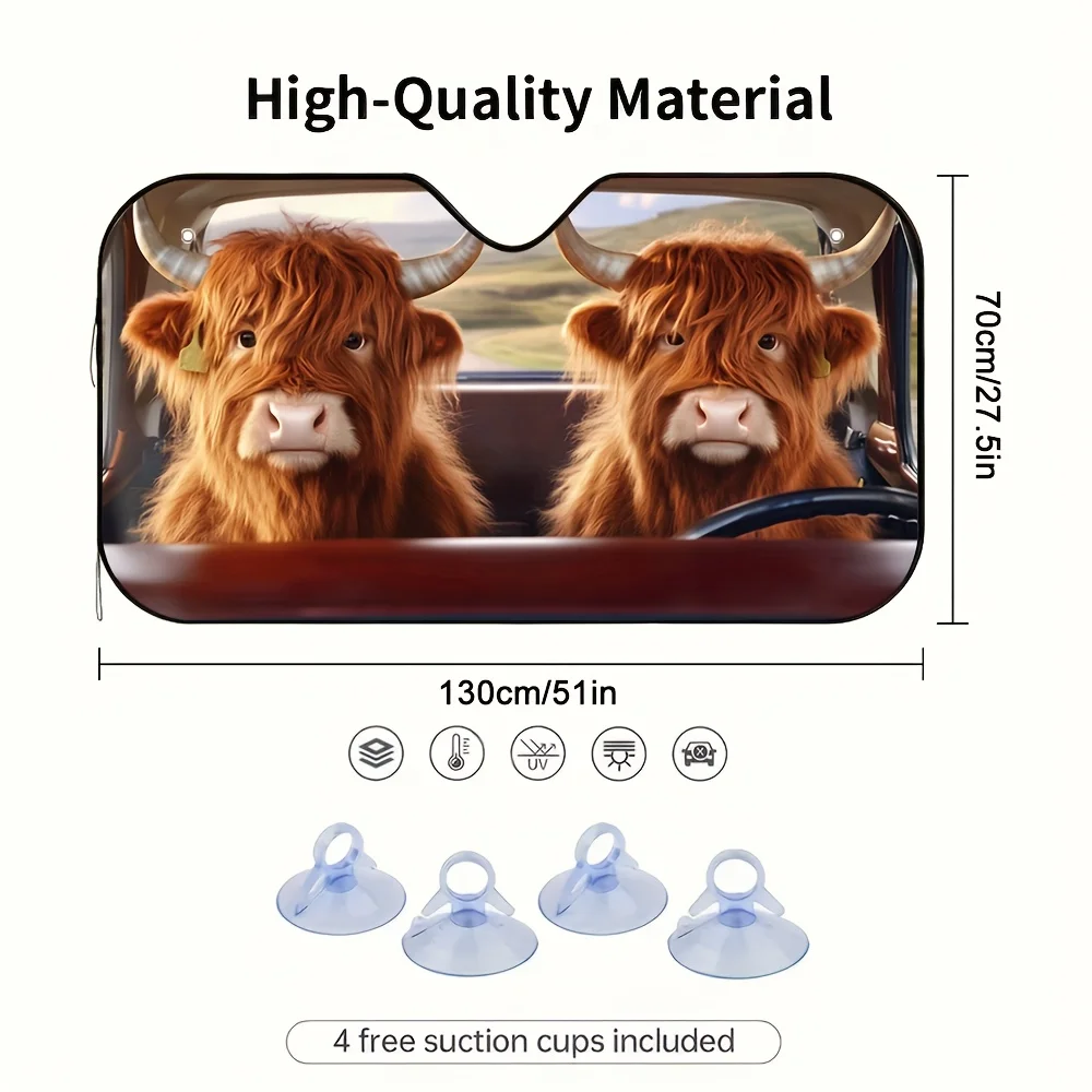 1pc Driving Highland Cows Car Sun Visor, Perfect For Hot Weather Driving, Reduces Direct Sunlight, Keeps The Car Interior Cool.