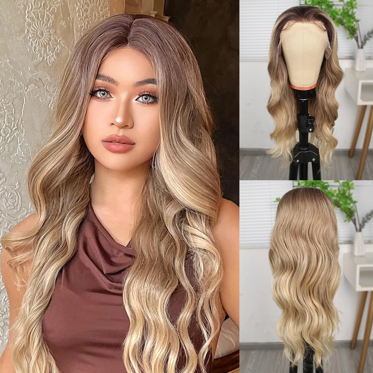 13*4 Lace Ombre Blonde Fancy Long Natural Wave synthetic Curly wig Gold Elegant Wigs For Versatile Style heat-resistant fiber