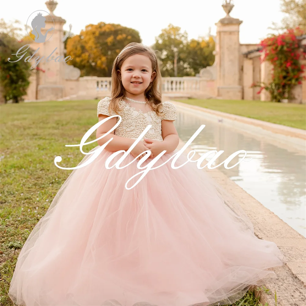 Beading Applique Long Ball Princess Flower Girl Dress Short Sleeve A Line Formal Classic First Communion Dress New Customized