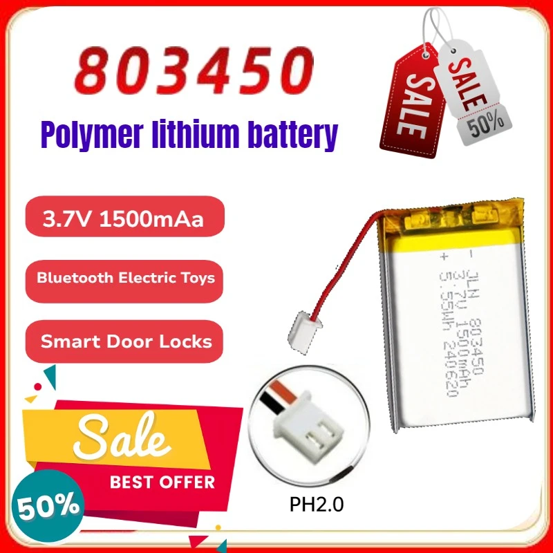 

With PH2.0 3.7V 1500mAh 803450 Polymer Lithium-ion Battery for Bluetooth Electric Toys and Smart Door Locks Rechargeable Battery