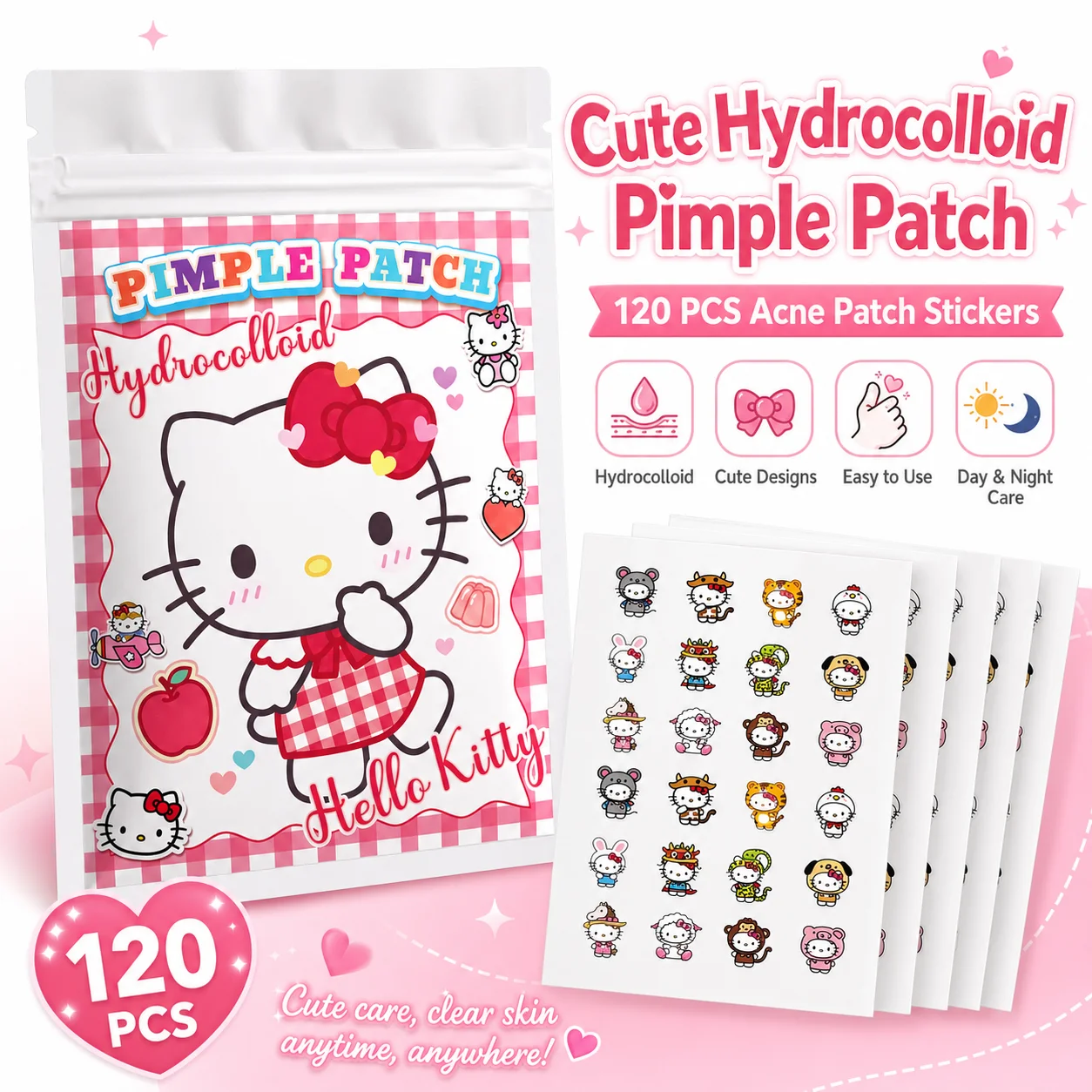 120 patchs anti-acné Hello Kitty, patchs anti-acné pour le visage, patchs hydrogel pour éliminer l'acné, correcteur
