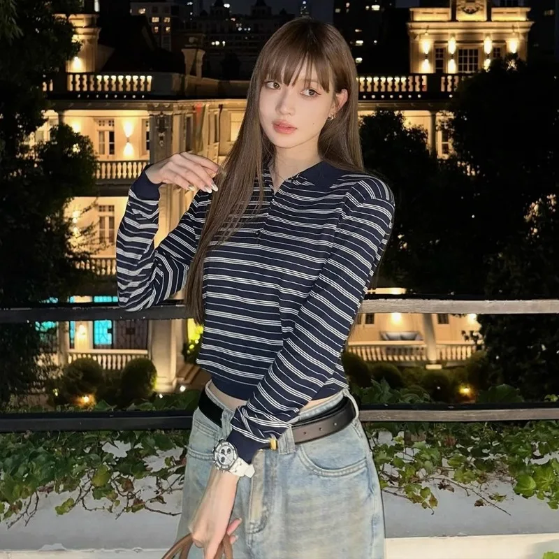 

Women Striped Polo Shirt Long Sleeve Knitwear Vintage Pullover Casual Tee Korean Style Spring Fall Clothes Fashion Outerwear