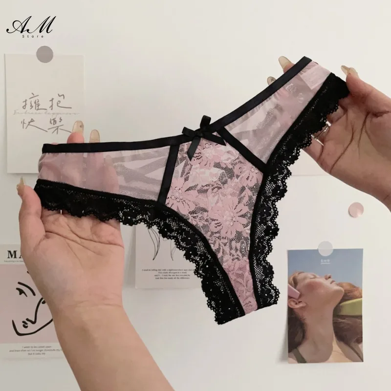 European Luxury Lace Sexy Women Underwear Transparent Bow Hollow Out Panties Sex Thong Low Waist Seamless Briefs Tanga