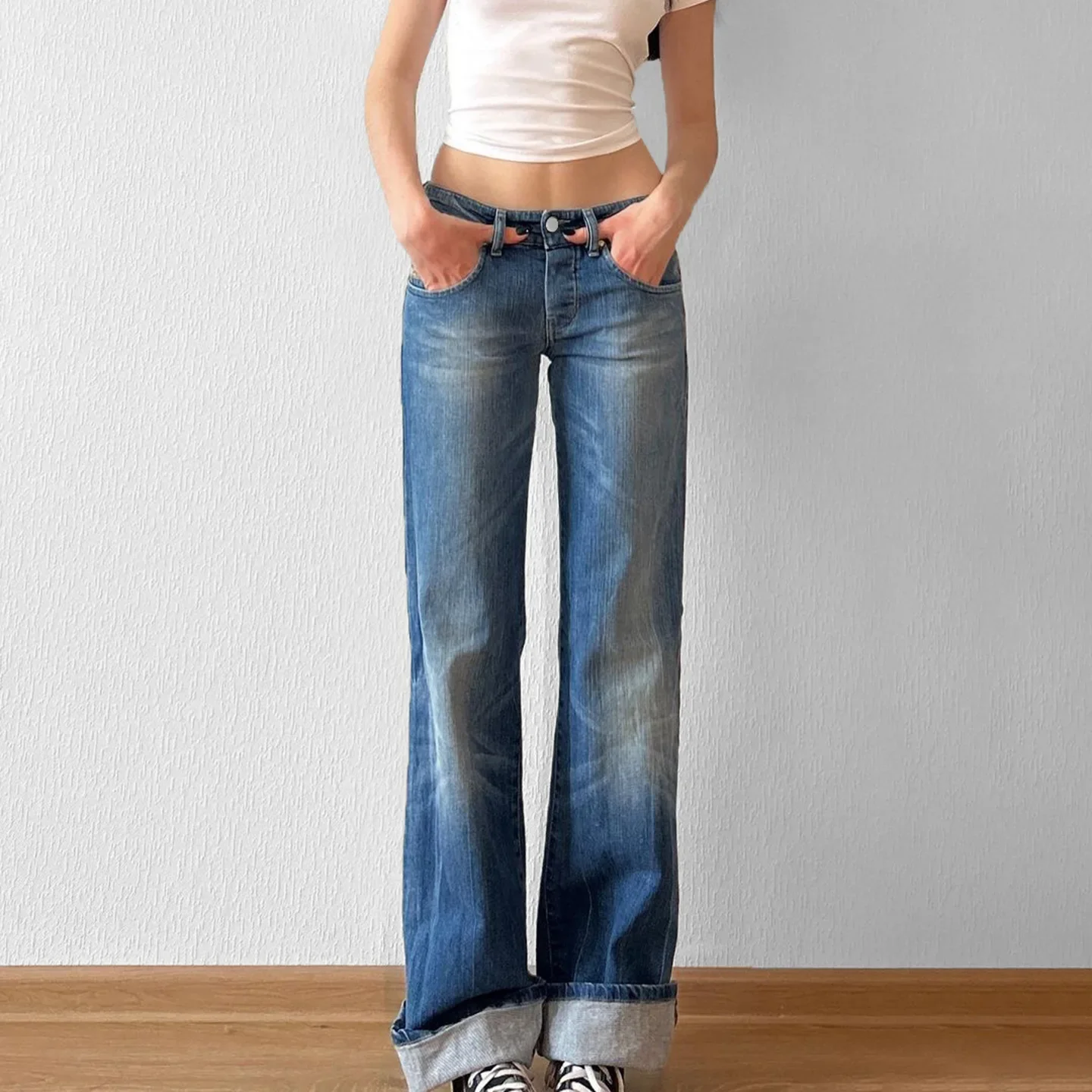 

Y2K Womens Jeans American Street Low Waist Washed Water Straight Leg Floor Mopping Personality Pants