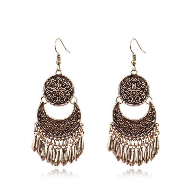 Ethnic Gold Color Geometric Tassel Earrings for Women Vintage Round Flower Pattern Piercing Earring Fashion Indian Jewelry