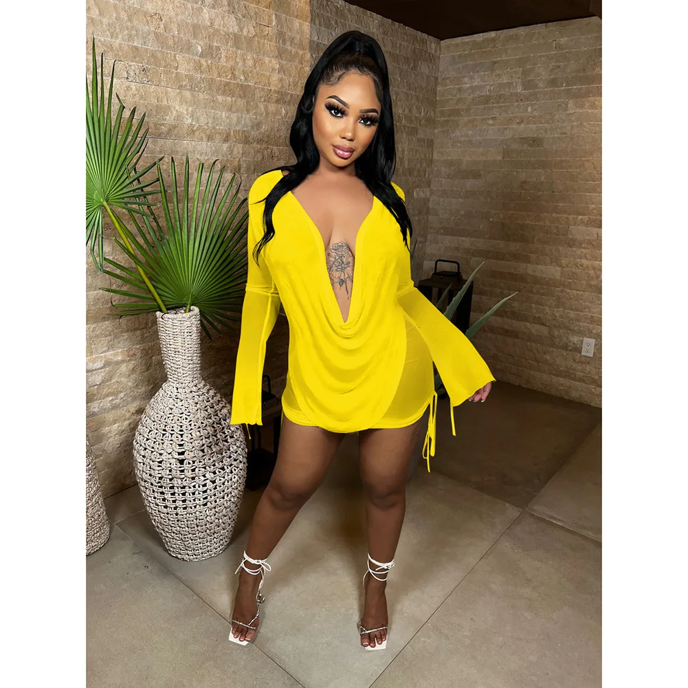 Y2K Streetwear Perspectivity Mesh Women Dress Nightclub Party Rave Short Skirt Deep V Neck Sexy Slim Mini Club Evening Dresses