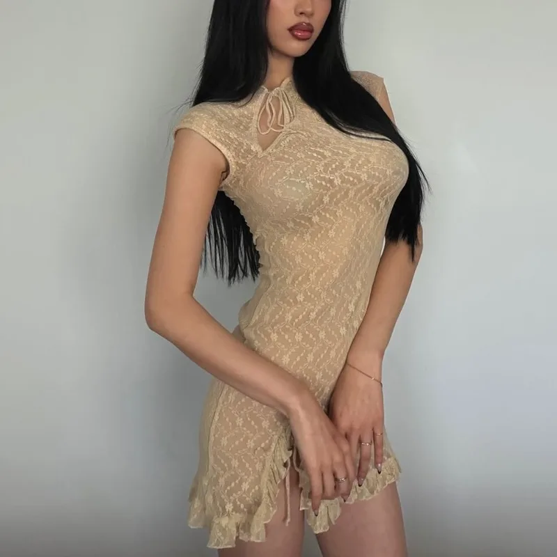

Tuularose Women's Lace See-through Dress Summer Sexy Hollow Lace Patchwork Bodycon Lace Up Mini Dress Elegant New Female Dresses