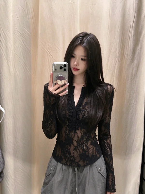 Black Lace Hollow out Henry Collar Long Sleeve T-Shirt Women's Slim Fit Base Shirt Light Maturity Unique Style Top