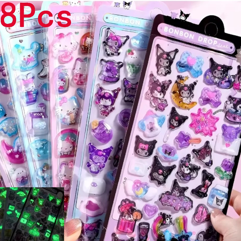 @8Pcs My Melody MelodyCrystal Sticker 3D Embossed Kawaii Kuromi Glowing Cute Cinnamon Roll Sticker Sticker Kids Decoration Pack