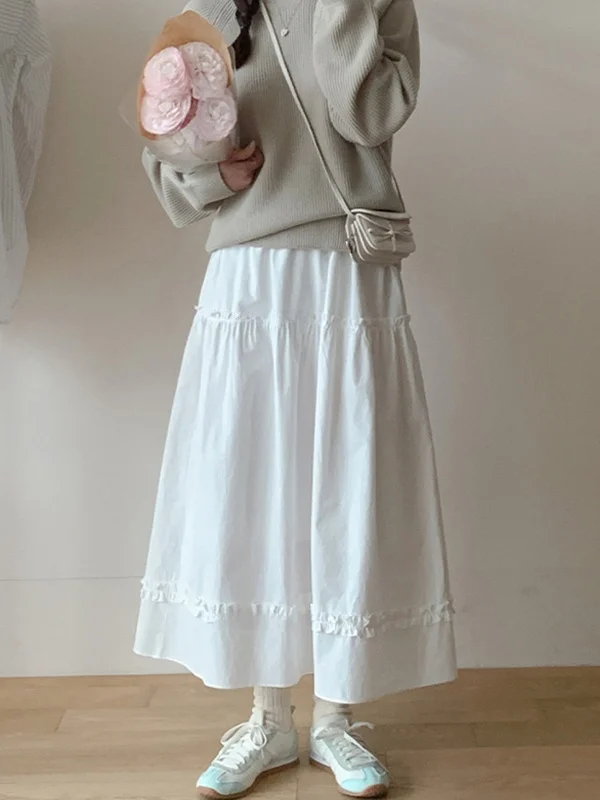 White A-Line  Skirt Women's Loose Waist Gored Hem Long Spring Faion Fre Age-Defng Skirts Korean Sle High Waist