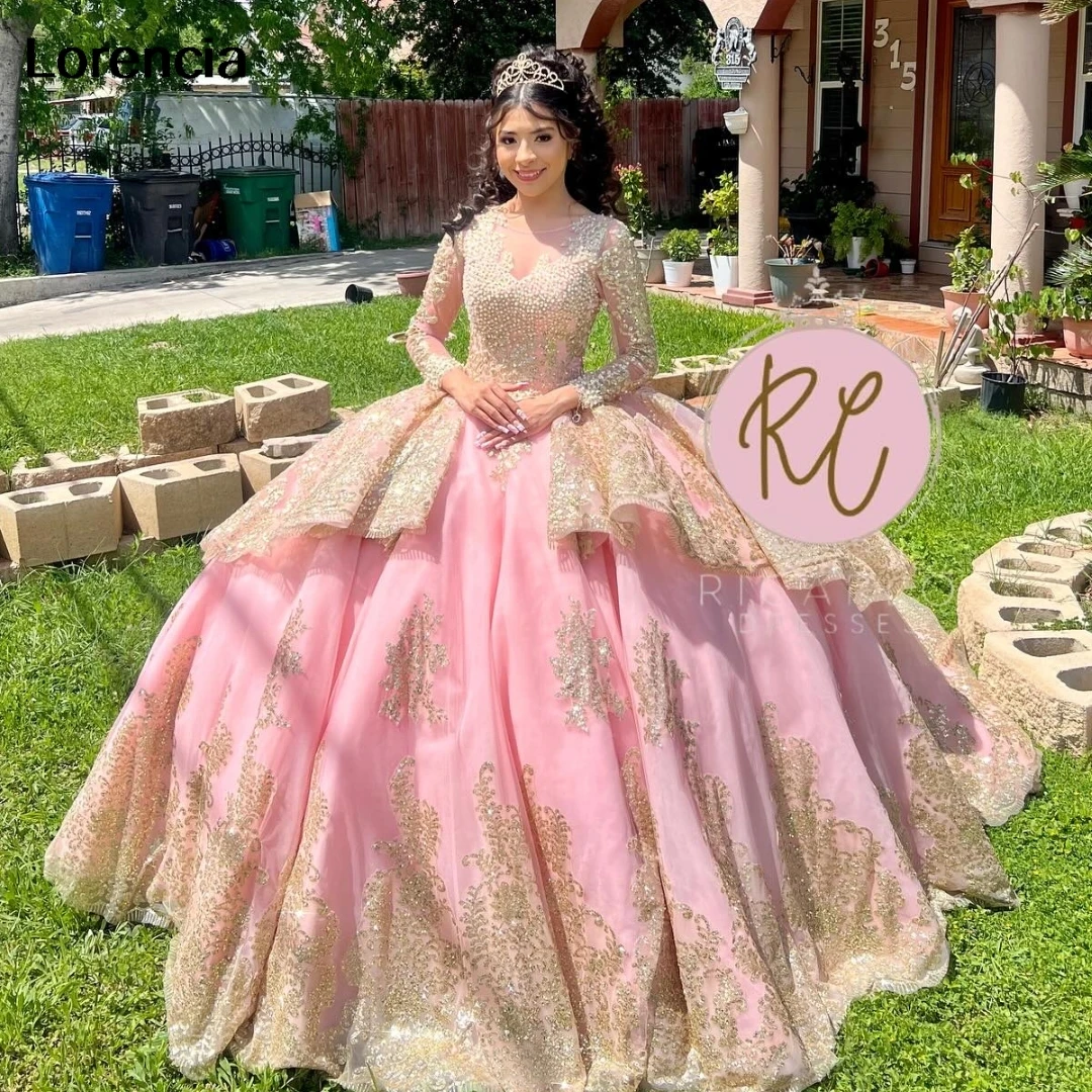 LorstudMexican-Robe de Quinceanera Rose, Robe de Bal, Dentelle Dorée, Appliques Perlées, Manches sulf, Douce 16, Robe Éducative De 15 Ans, YQD849