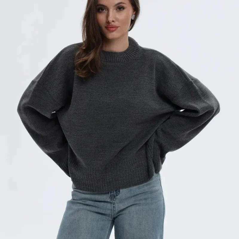 

Women's Winter Knitted Sweater Sweet round Neck Pullover Loose Long Sleeve Solid Color Versatile Comfortable Fit Sweater