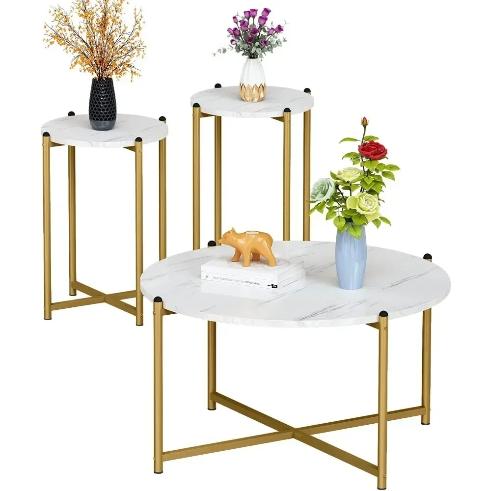 Faux Marmeren Salontafel Set Van 3, 1 Salontafel En 2 Banktafel, Rond Tafelblad En Metalen Kruisbasisframe, Voor Woonkamer