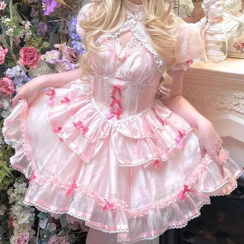 

Sweet Girls Lolita Jsk Dress Women Vintage Y2k Bow Ruffle Flyling Sleeve Party Princess Dresses Japanese Fairy Ballet Mini Dress