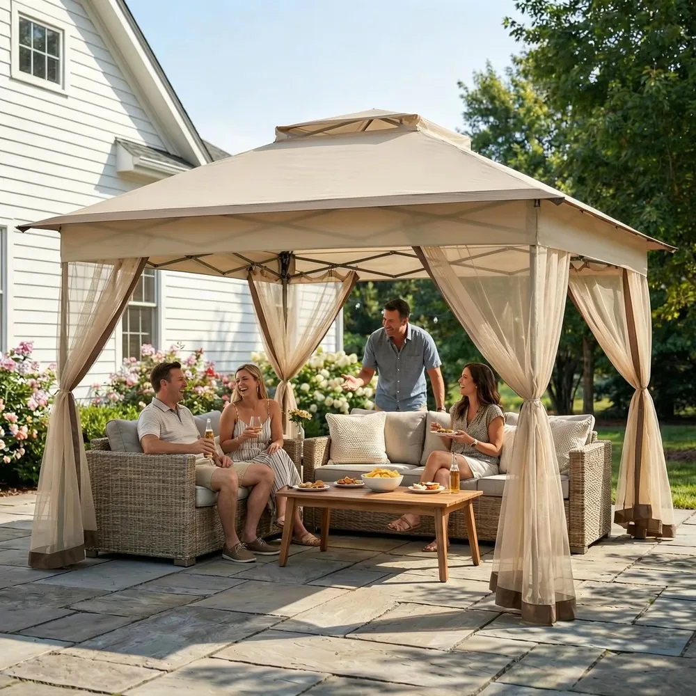 HOMG JINFUN 10x10 Ft Square Pop Up Tent Oxford Water Resistant UV Protection Portable Canopy 1-Person Easy Setup Khaki