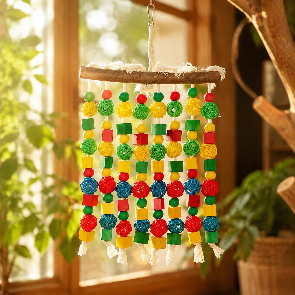 Interactive Bird Chew Toy Natural Vine Hanging Waterfall Wooden Ball String for Parakeet Cockatiel Cage Decor Durable