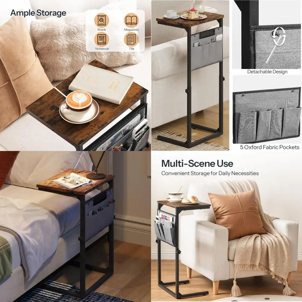 

Pair of 29.5 C-Shaped Adjustable Height End Tables with Storage, Sofa Side Tables for Small Spaces, Rustic Brown and Black