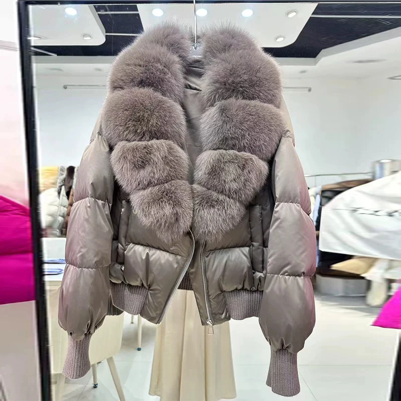 Winter White Duck Down Fur Outwears Women Natural Large Fur Collar Short Down Jacket Female Zipper Warm Quilted Bread Jacket