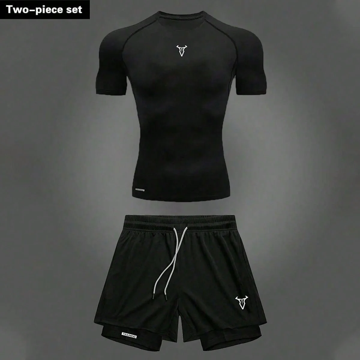 

Men's 2pc Black Compression Gym Set Quick Dry Workout Tee & Double Layer Breathable Shorts for Spring Summer Running Sportswear