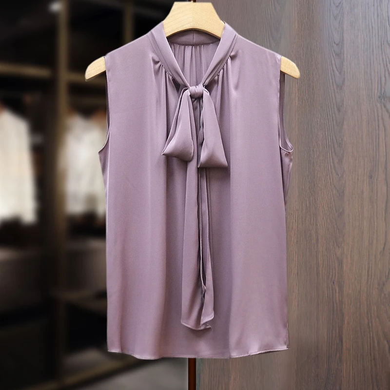 Fashion ice Silk Top Pink Acetate satin shirts blusas mujer de verano lace up bow tie Sexy elegant chiffon blouse рубашка винтаж