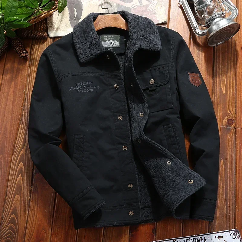 

Windproof Motorcycle Coat Warm Wool Collar Men's Classic Vintage Thick Fleece-lined Brand Parka Fashion Winter Lamb Wool Jacket