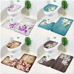 3pcs Set Purple Flower on Old Wooden Board Bath Mat Floral Rural Retro Decor Flannel Anti-slip Bathroom Rug Carpet Toilet Cover