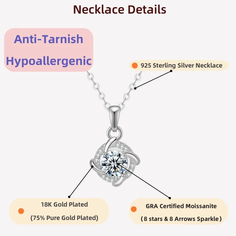

LAMVOICE christmas giftt,S925 sterling silver necklace, 1 carat moissanite necklace,high quality gif,Jewelry for women