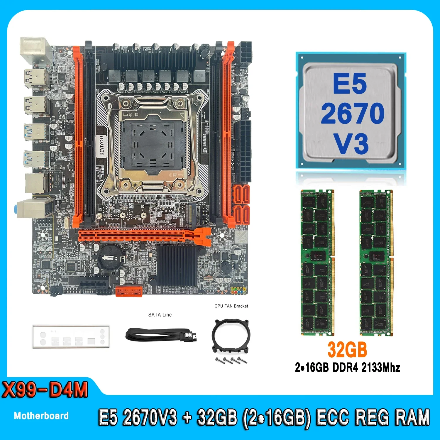 Scheda madre X99 Kit LGA2011-3 CPU Xeon E5 2670 V3 con 32 GB (2 pezzi * 16 GB) DDR4 2133 MHZ ECC REG Memoria 2670V3 Scheda madre del computer