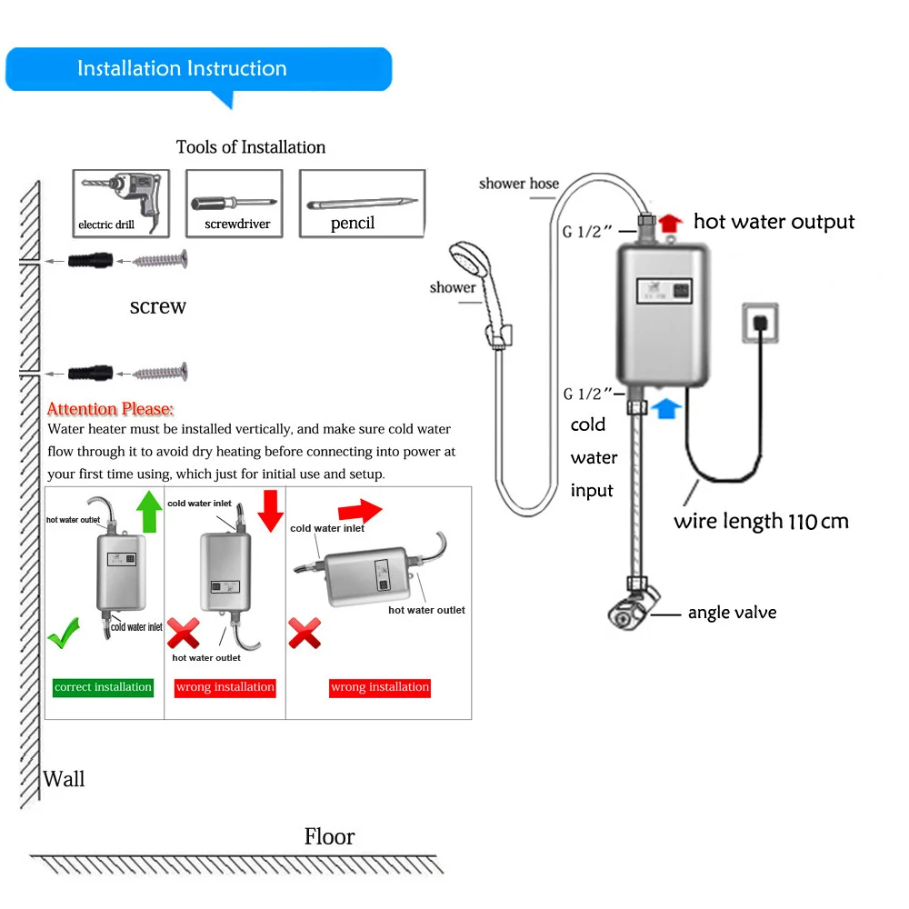 Calentador de agua eléctrico de 3800W, calentador de agua instantáneo sin depósito, Caldera de flujo de ducha para cocina y baño