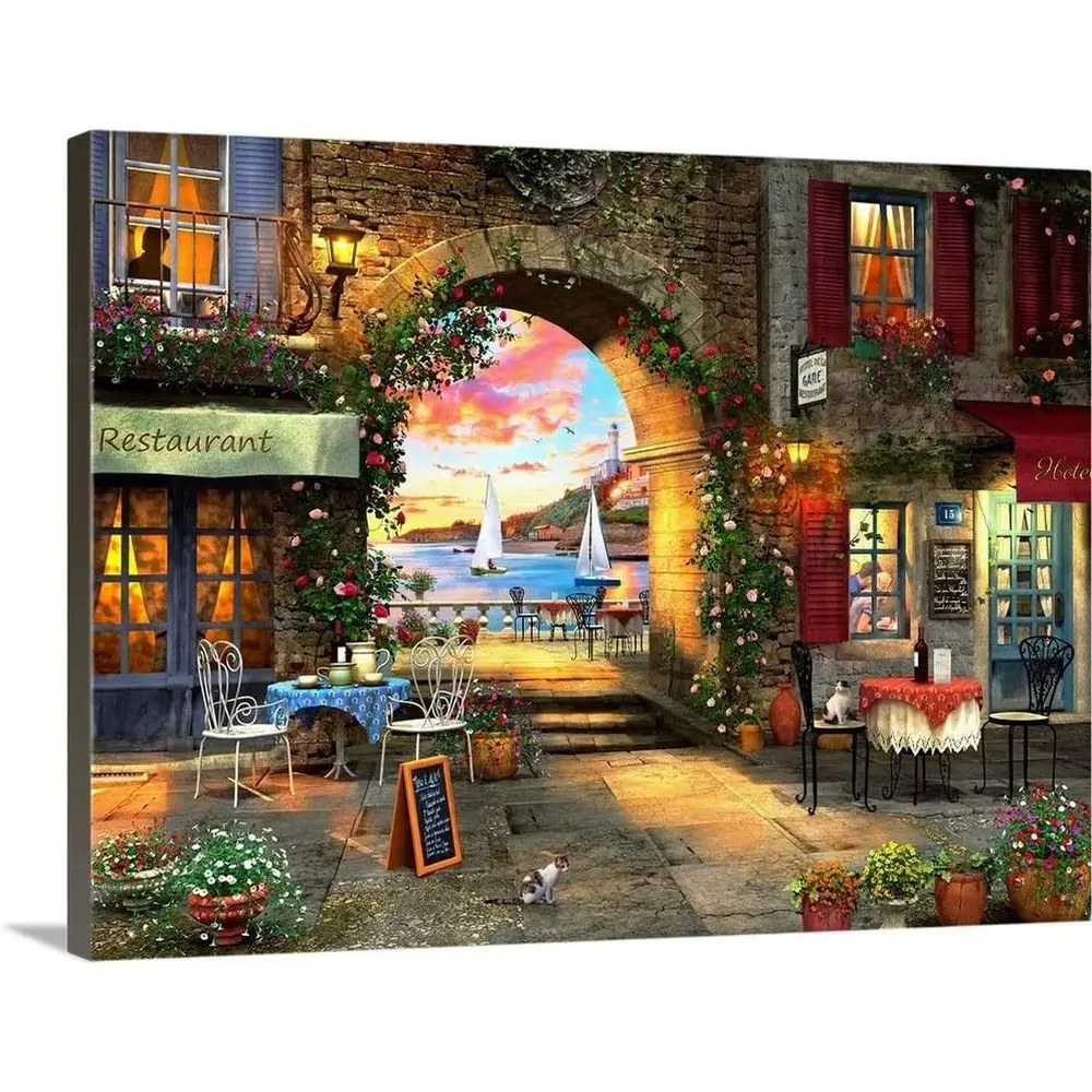 

Mediterranean Sunset Cat Wall Art Print, European Style Home Decor, 32x24 inches