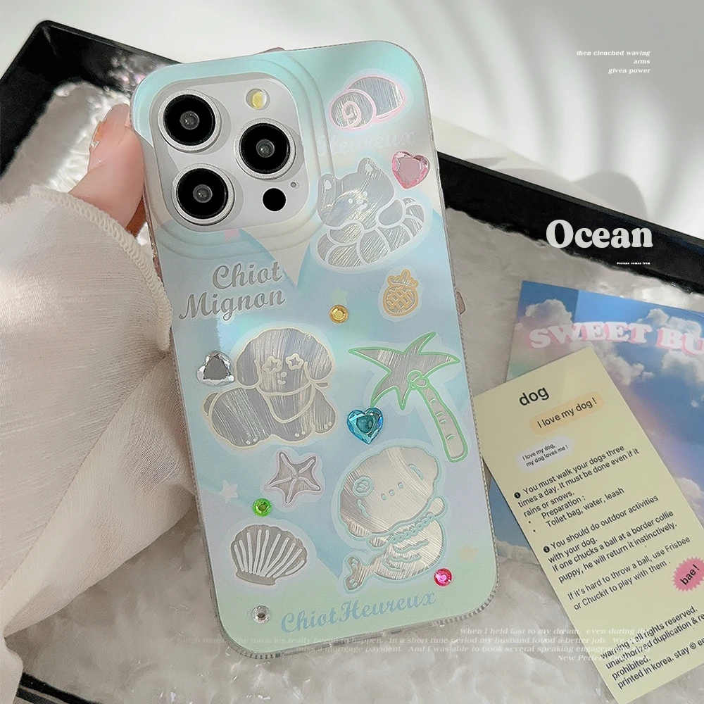 Luxury Feather Veil Coconut Beach Dog Phone Case for iPhone 15 14 13 12 11 Pro Max Plus Colored Love Diamonds Bumper Cover