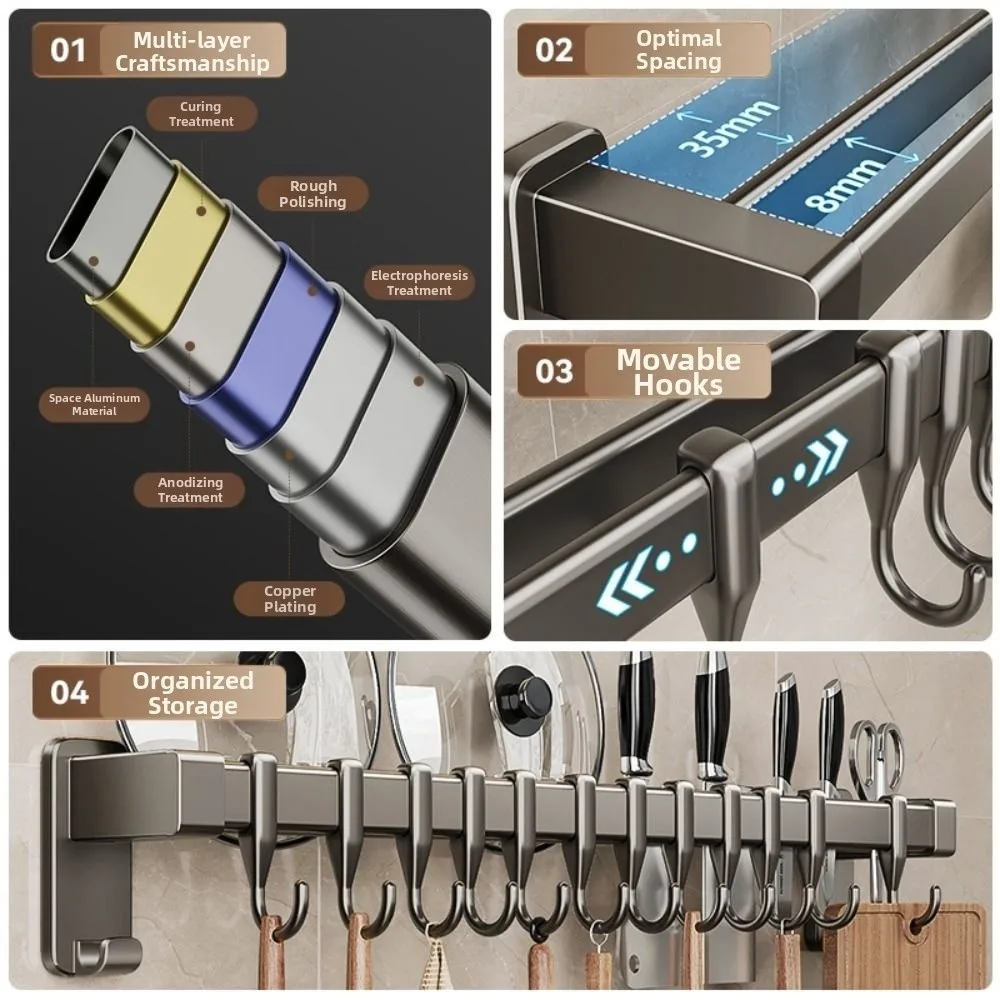 

Aluminum Kitchen Organizer Hook Wall Mounted Double Pole Pot Lid Rack Non Punching Space Saving Kitchen Utensil Organizer Home