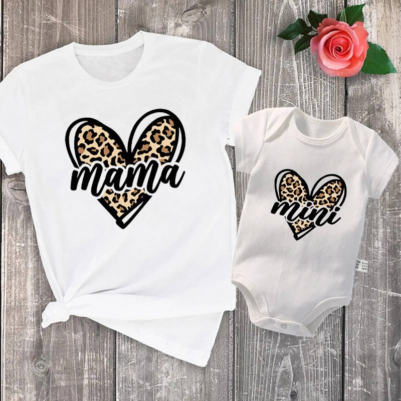 Mama Mimi Leopard Heart Print Family Matching Clothes Mother & Daughter Short Sleeve Outfit Shirt Fashion Mom Girl T-shirt Tops