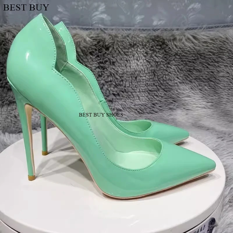 Sepatu pantofel hak tinggi 12cm Stiletto ujung lancip PU paten wanita atas kuning keriting sepatu gaun pesta wanita seksi pompa 12cm