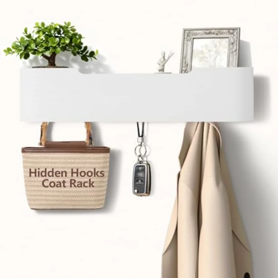 

Coat Rack Wall Mount with Shelf Hidden Modern Wooden Key Holder Entryway Organizer for Hallway Bedroom Bathroom Home Decor Stor