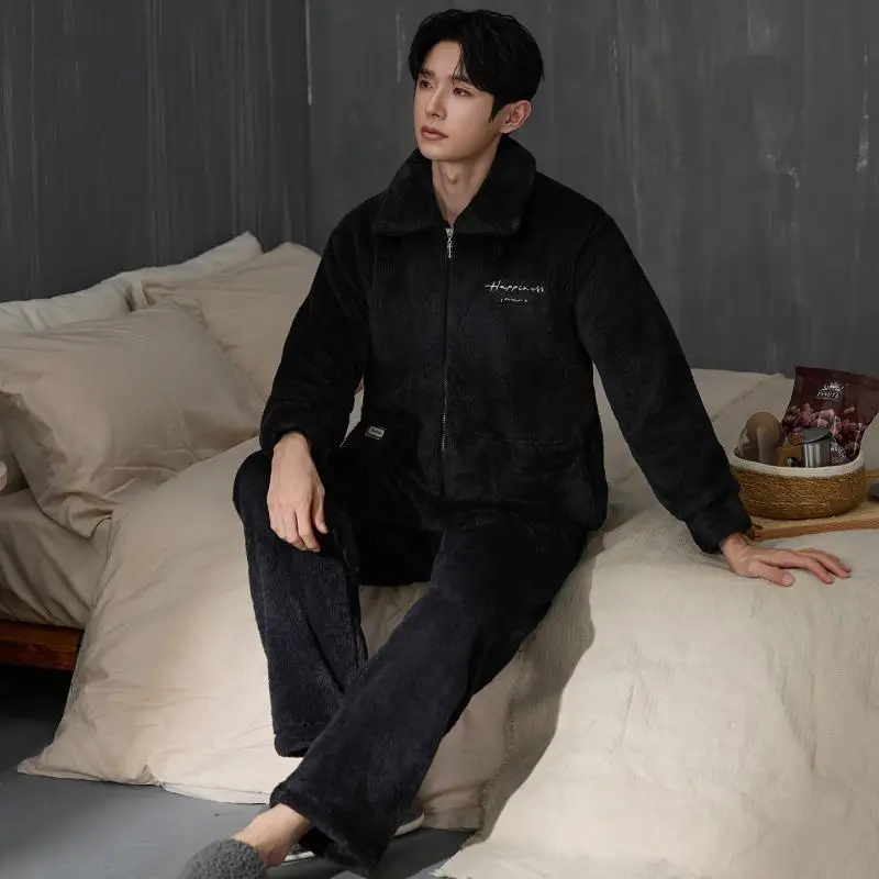 Thicken Men Pajamas Set Winter Solid Color Fleece-Lined Homewear Long Sleeves Flannel Warm Loungewear Shirt&pants Sleepwear Suit