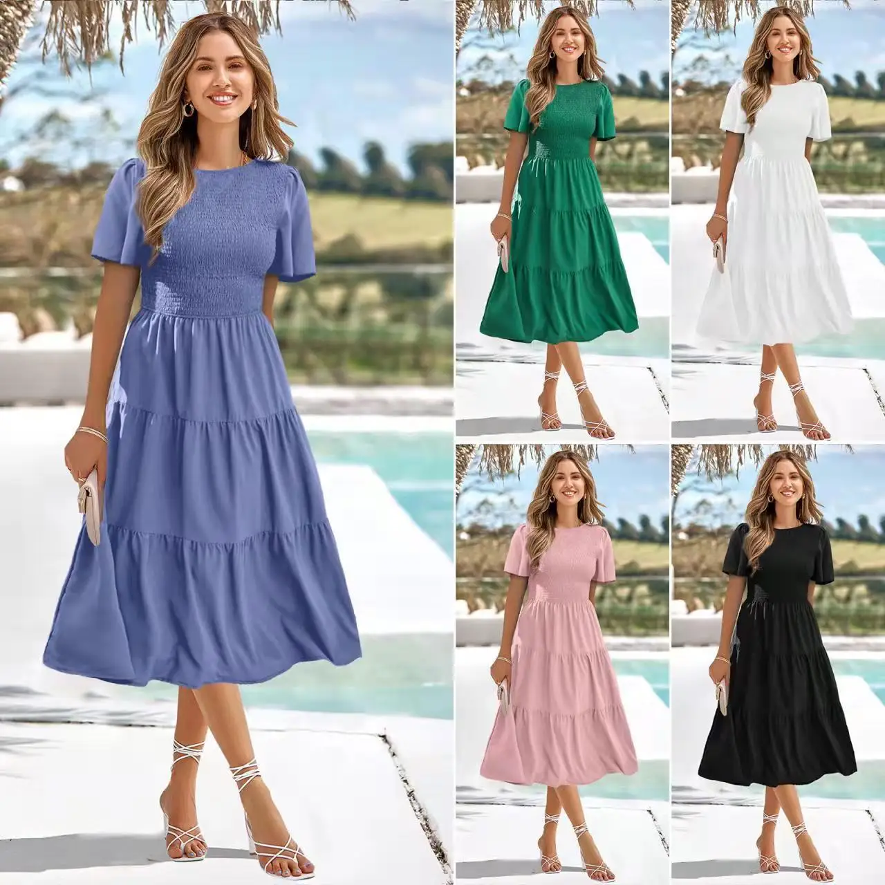 

Spring/Summer Round Neck Resort Midi Dresses For Women Short Puff Sleeve Ruffles Hem Elegant Green Party Dress Beachwear Robes