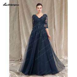 2023 Mother of the Bride Dress Luxurious Elegant V Neck Floor Length Lace Party Dress Tulle Half Sleeve with Sequin Appliques