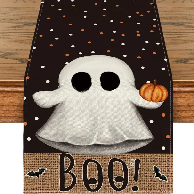 2pcs Halloween Ghost Skeleton Witch Dog Table Runner Heat Resistant Non Slip Pumpkin Bat Spider Web Dining Table Decor