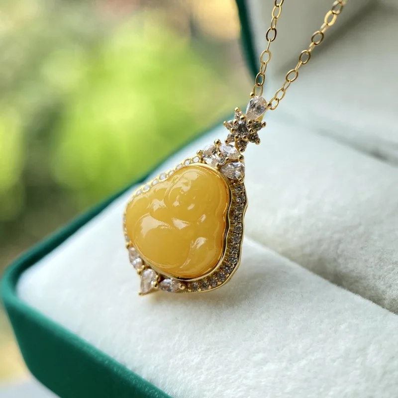 Natural S925 Sterling Silver Inlaid With Chicken Oil Yellow Amber Laughing Buddha Single Pendant Small Budd