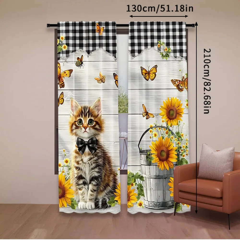2Pcs Cute Country Cat Sunflower Curtains Rustic Wood Printed Curtains Suitable For Bedroom Bathroom Living Room Dining Room