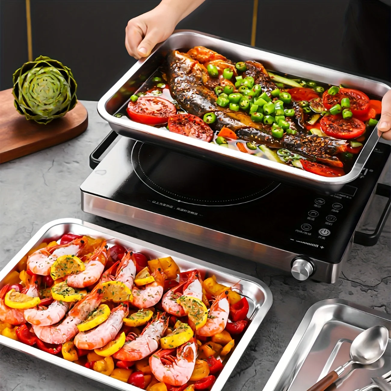Stainless Steel Baking Tray, 5 Counts/set Rectangular Air Fryer Baking Tray, Kitchen Baking Utensils for Home Party Restaurant
